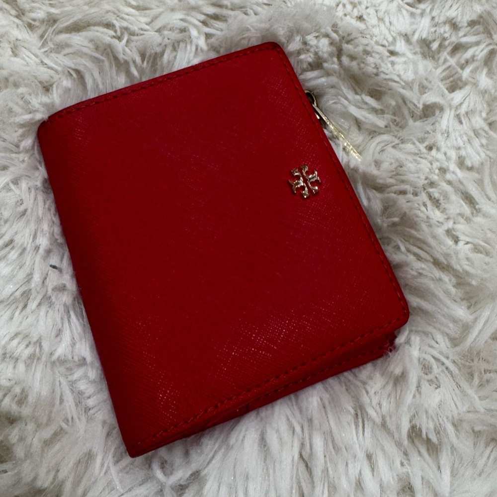 Tory Burch Red Zip-Around Leather Wallet with Gold Logo